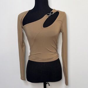 NWT Fashion Nova Asymmetrical Tan Women's Top With Silver Detail
